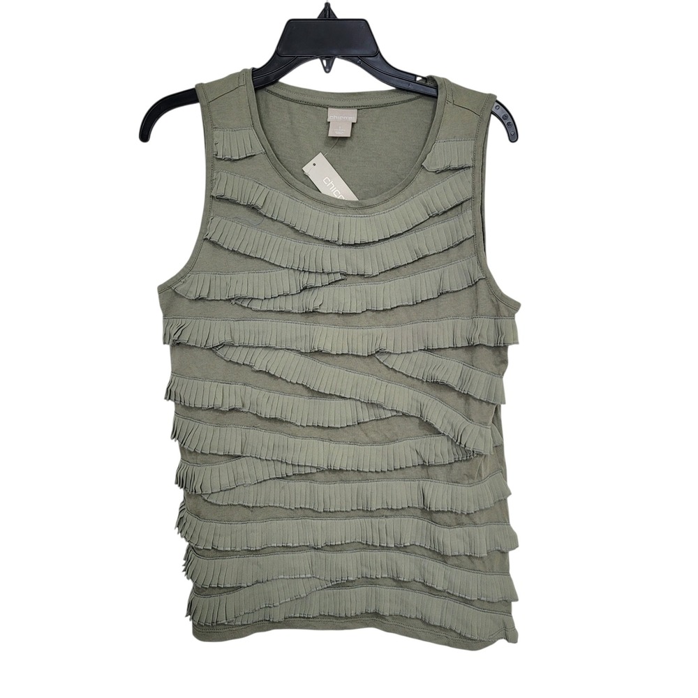 Chicos Tiered Layering Tank Top Vetiver Green Ruffle Pleated Sleeveless Size 1 M